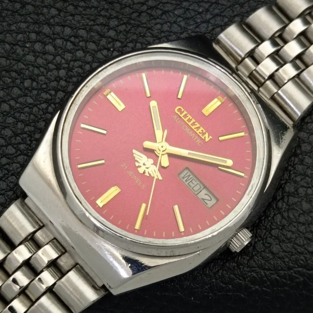 Vintage 1987 Citizen Automatic Mens Silver Watch W/daydate & Red accents